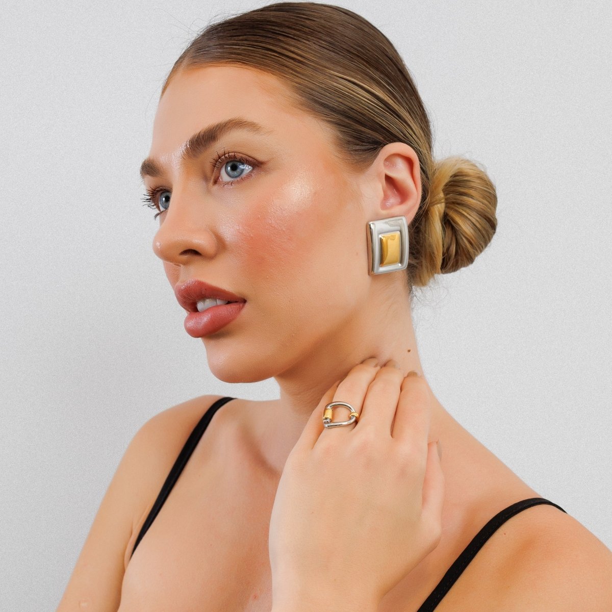 Bague à double maillons ajustable avec plaquage or et argent mixte