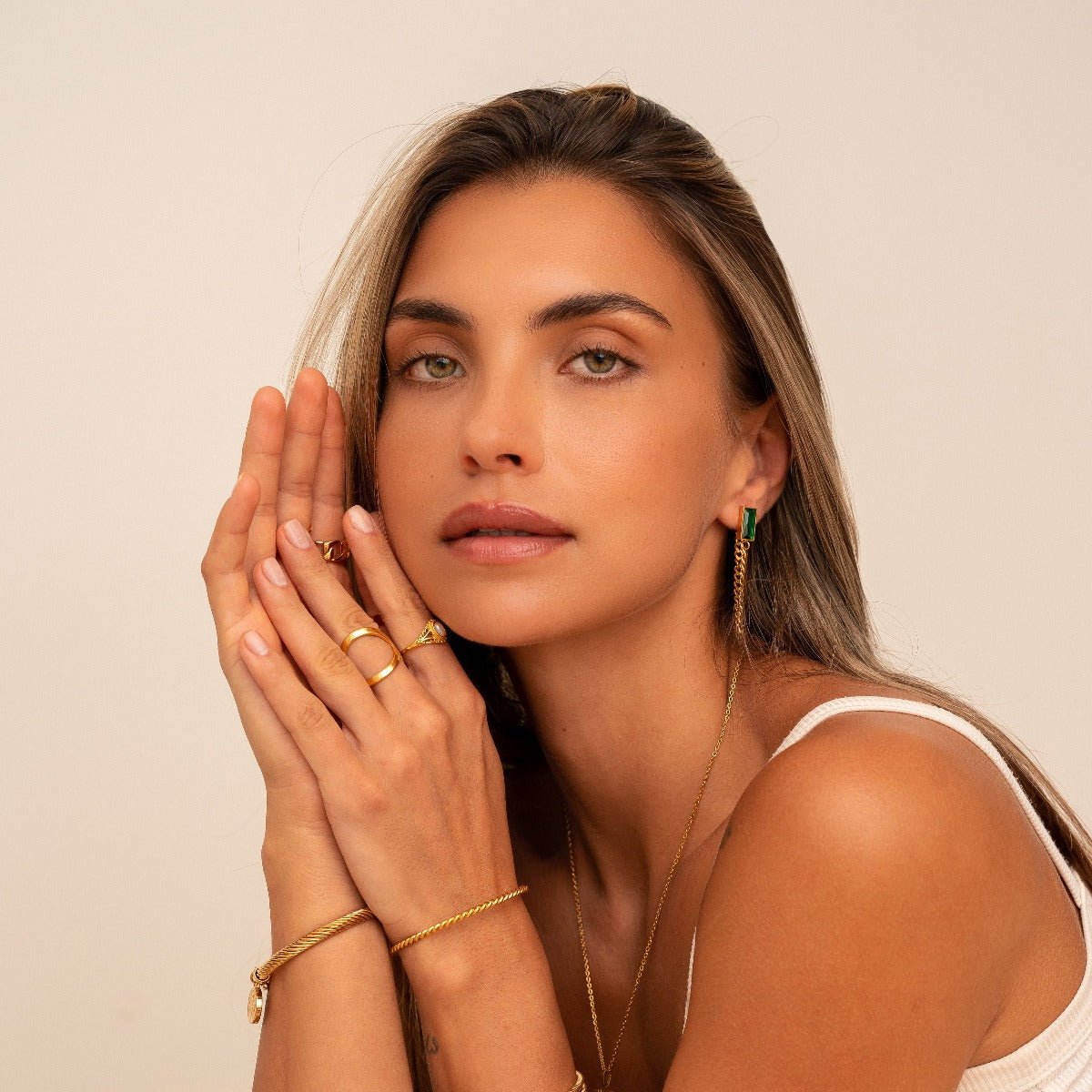 Elisabeth Emerald Zirconia Chain Earring Gold Plated 18K