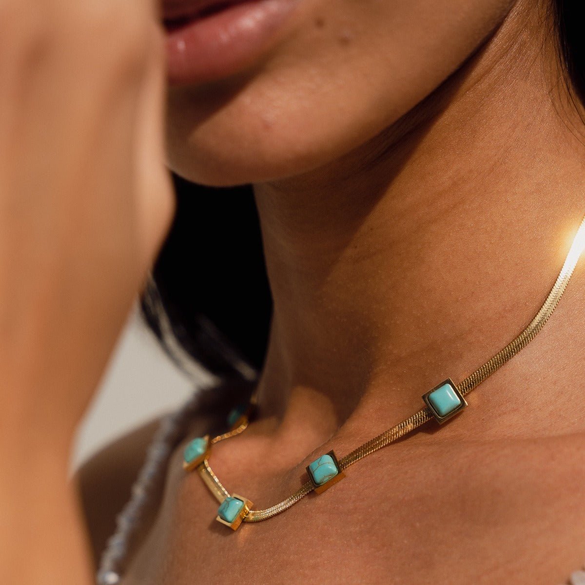 Aqua Stone Mesh Necklace Gold Plated 18K