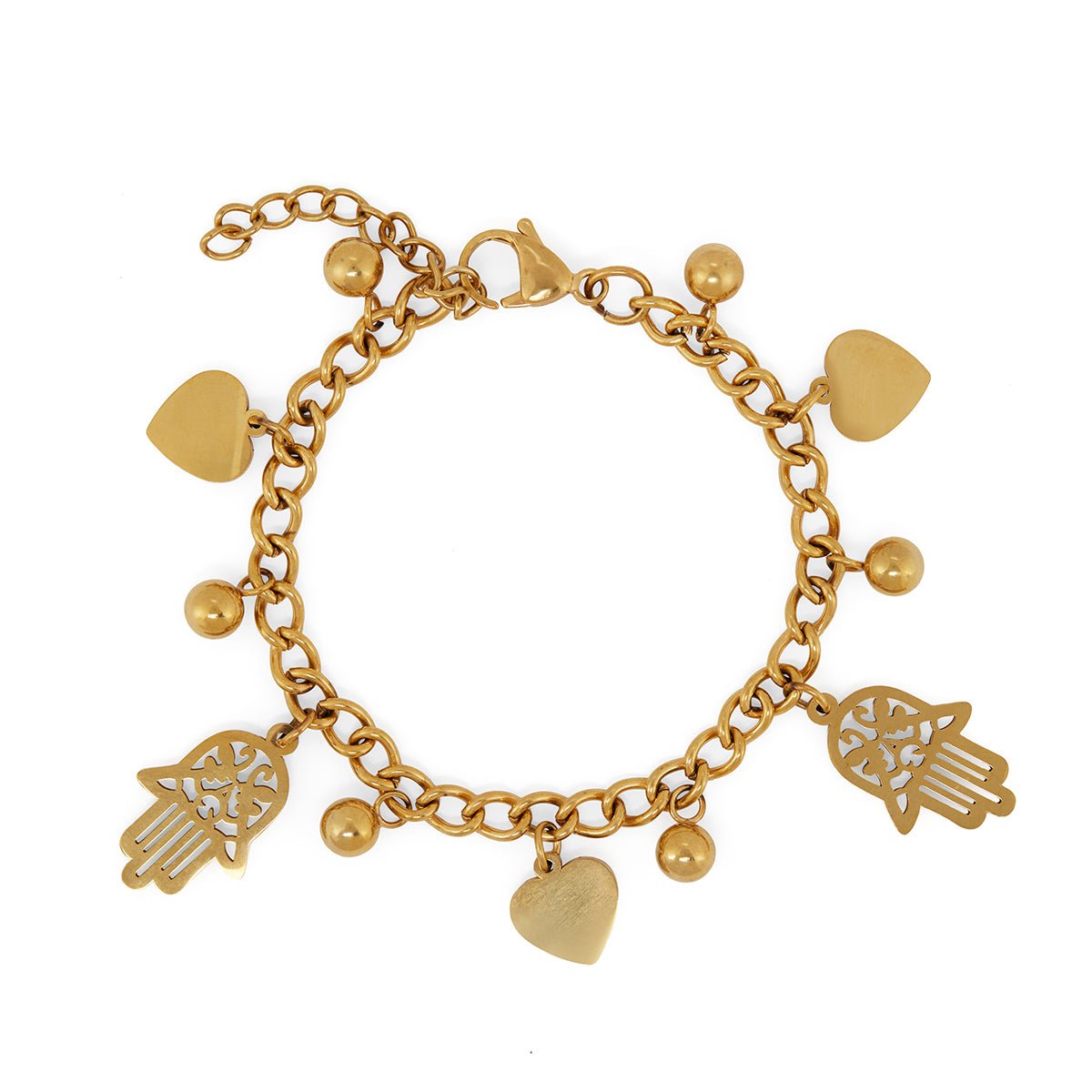 Heart and Hamsa Pendant Link Bracelet Plated in 18K Gold