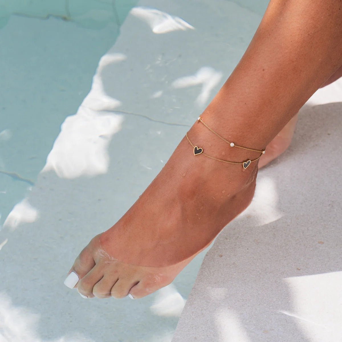 Double Heart Anklet with Stone Plated in 18K Gold