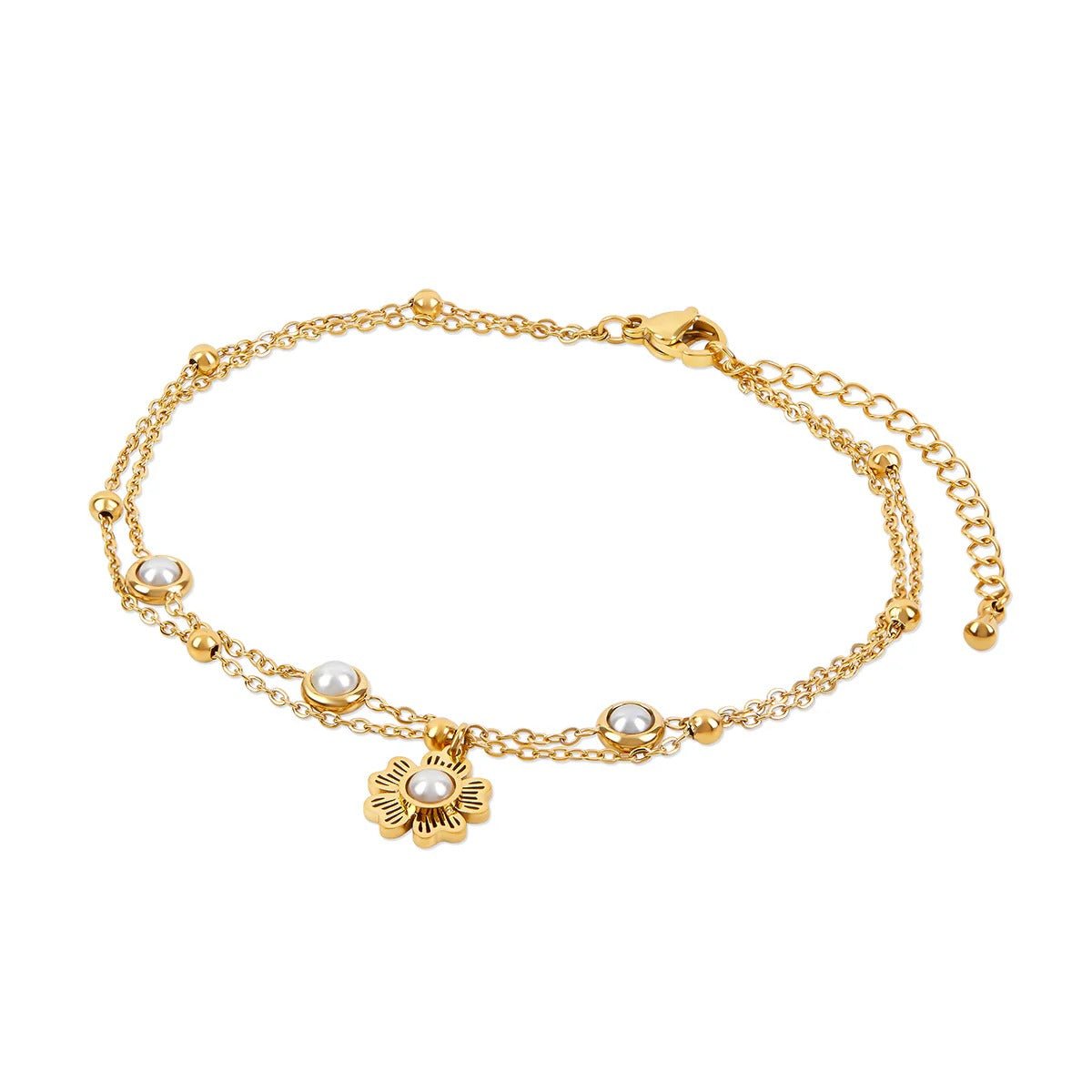 Double Floral Pearl Anklet Plated in 18K Gold