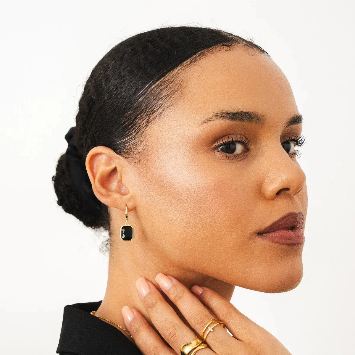 Small Hoop Earring Black Crystal Plated in 18k Gold