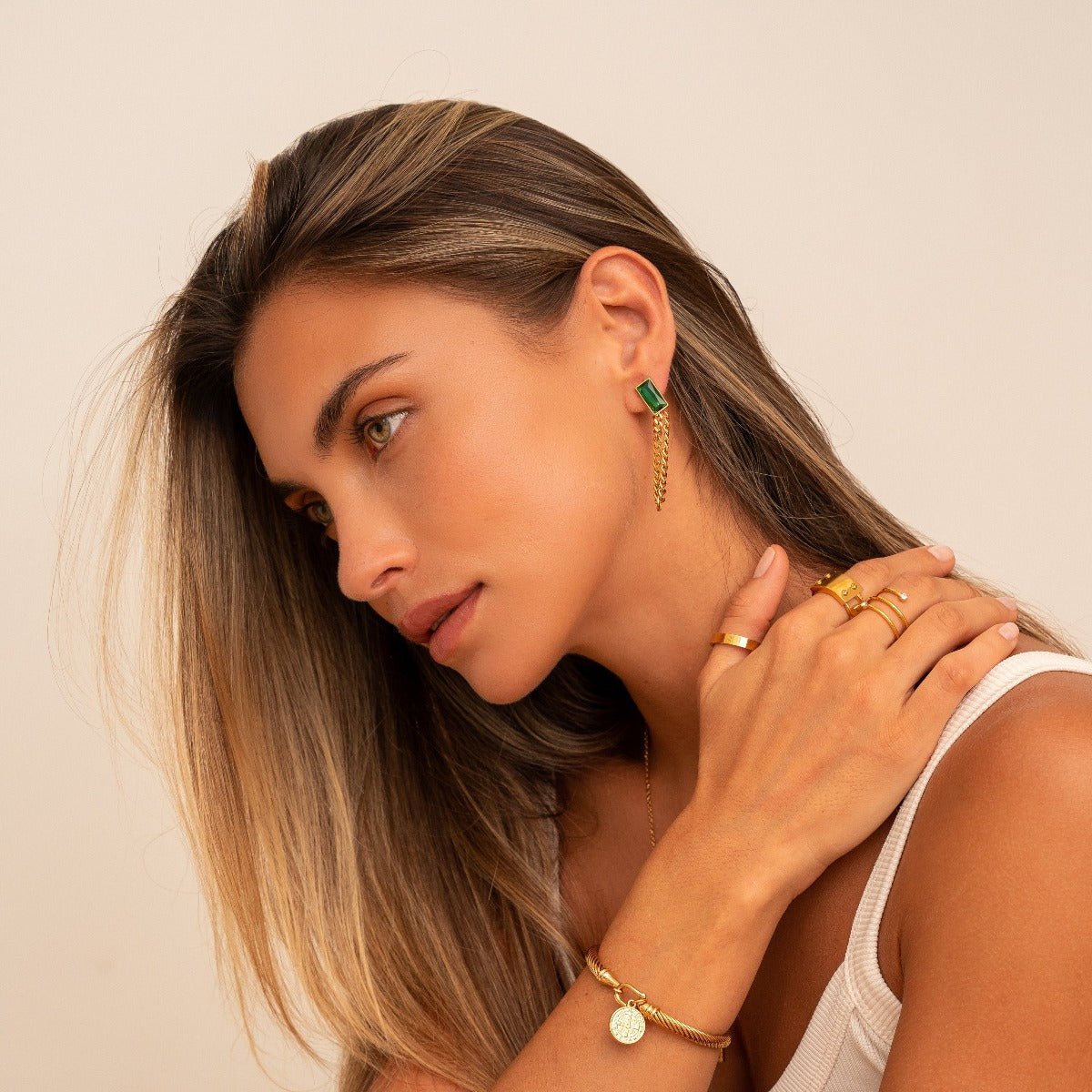 Elisabeth Emerald Zirconia Chain Earring Gold Plated 18K