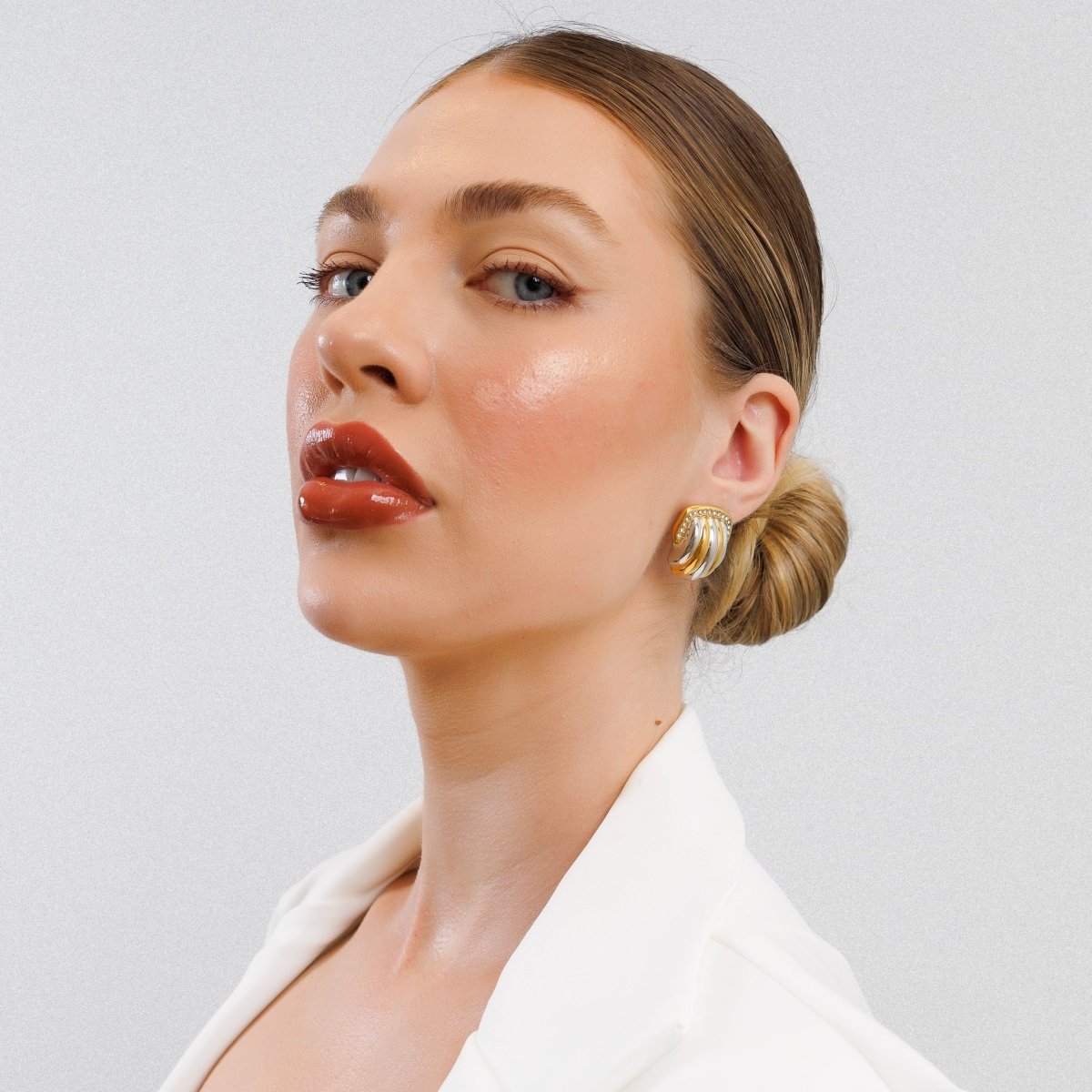 Crystal Dome Earrings with Mixed Gold and Silver Plating