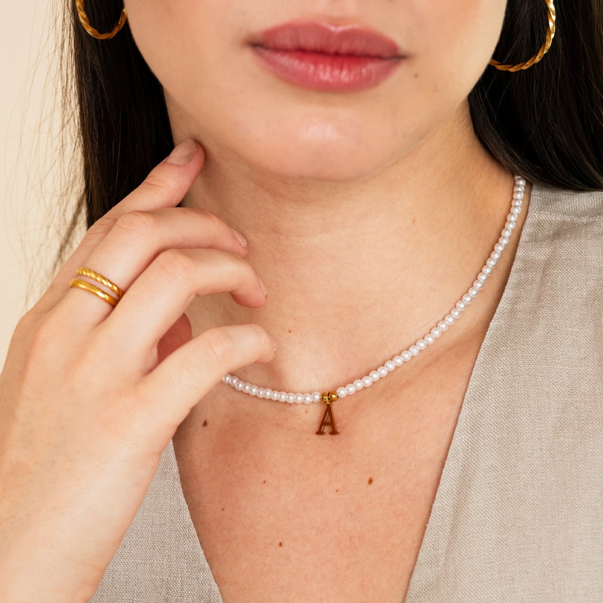 Initial Letter Pearl Necklace Plated in 18K Gold
