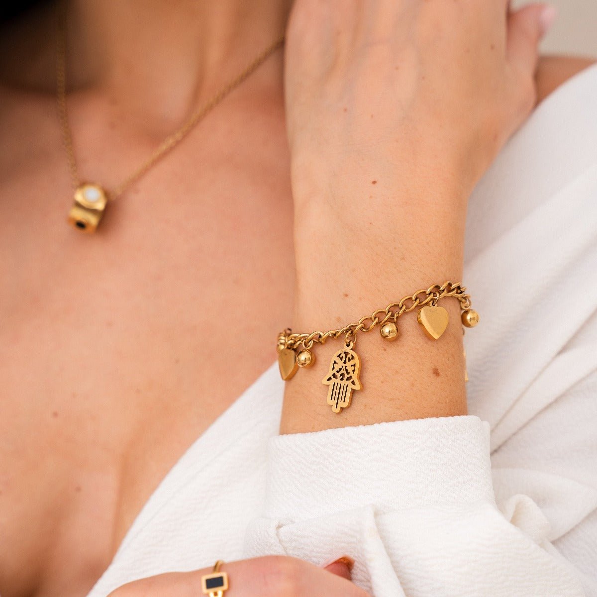 Heart and Hamsa Pendant Link Bracelet Plated in 18K Gold
