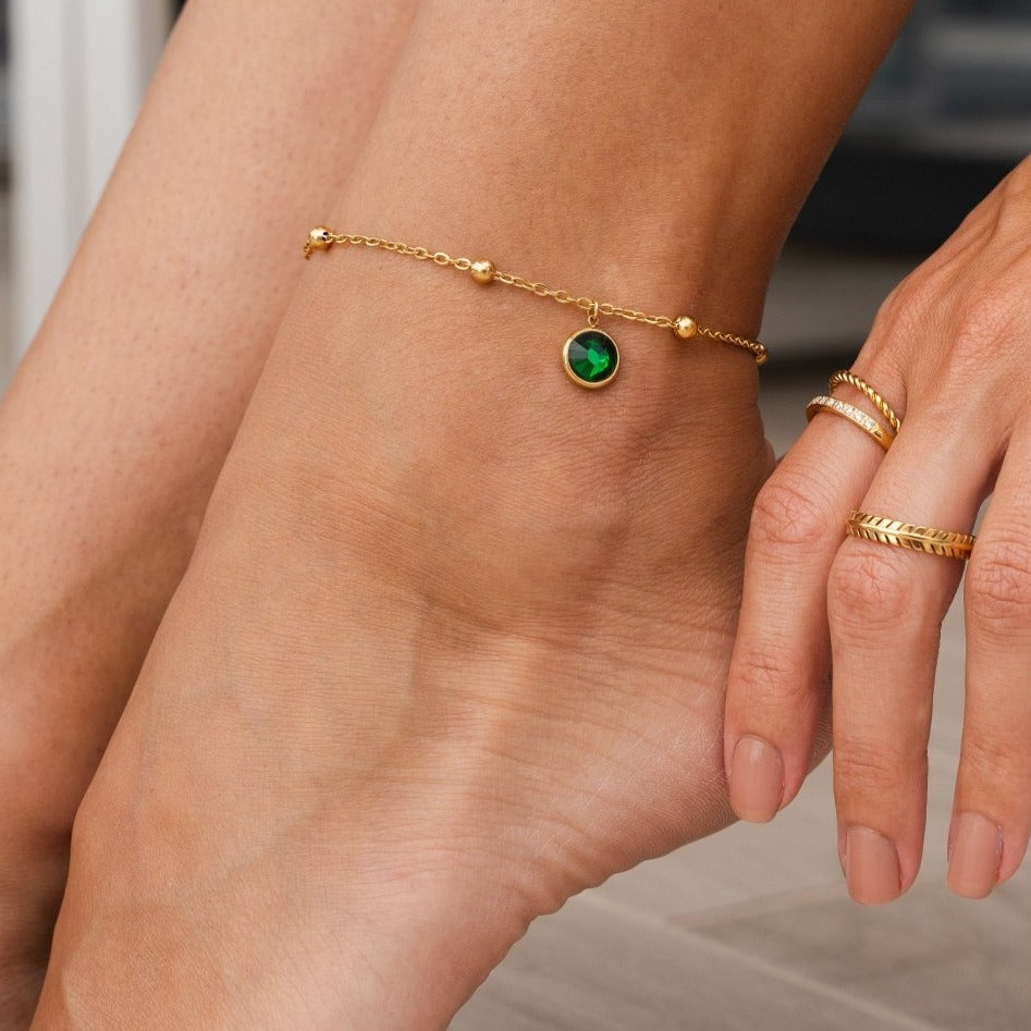 Emerald Anklet with Pendant Plated in 18K Gold